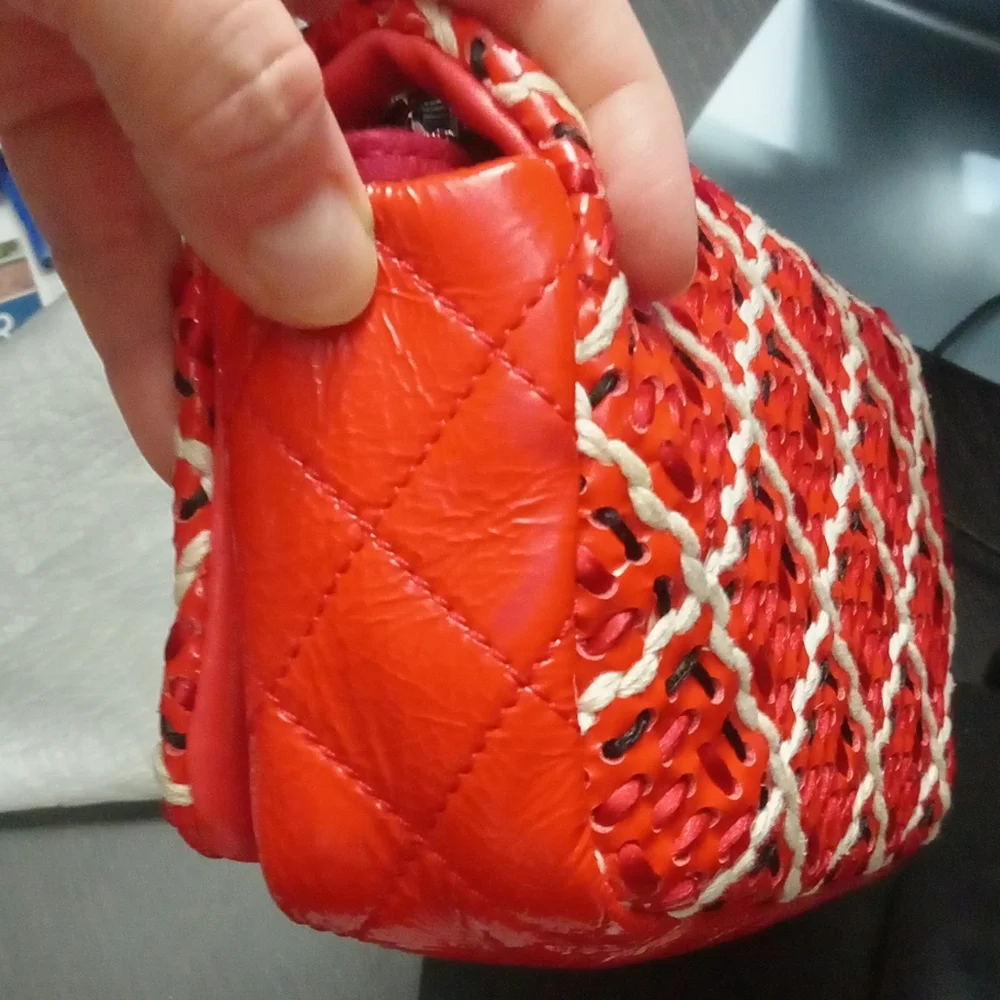 RARE Chanel Red Mini Patent Leather Woven Stitch Tweed Flap Bag